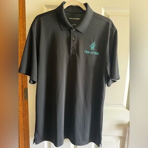 Port Authority Men’s Size Large Black Polo w/ turquoise Ten Cities